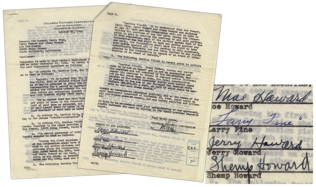 Scarce Three Stooges Agreement With Columbia From 1946 Signed by FOUR Stooges, Moe, Curly, Larry & Shemp -- Moe Howard, Larry Fine, Jerry Howard and Shemp Howard are employed as one (1) unit